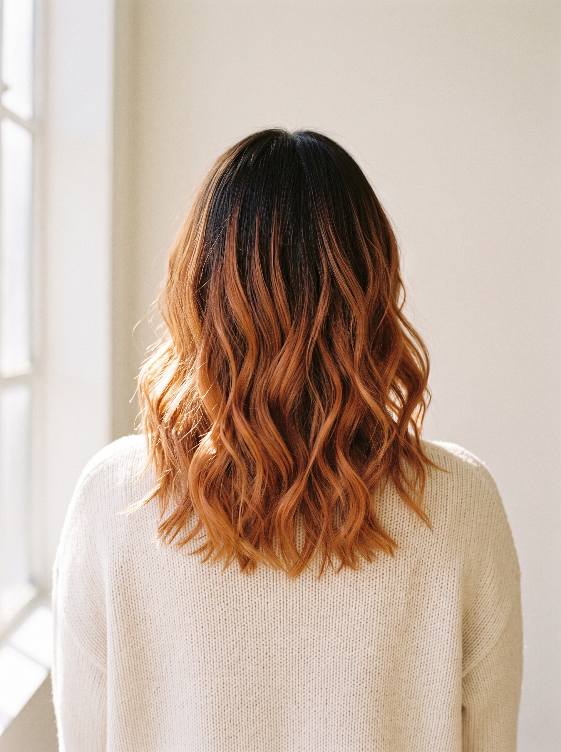 Rückansicht einer frisch geföhnten Kupfer-Balayage mit weichen Wellen im Salon
