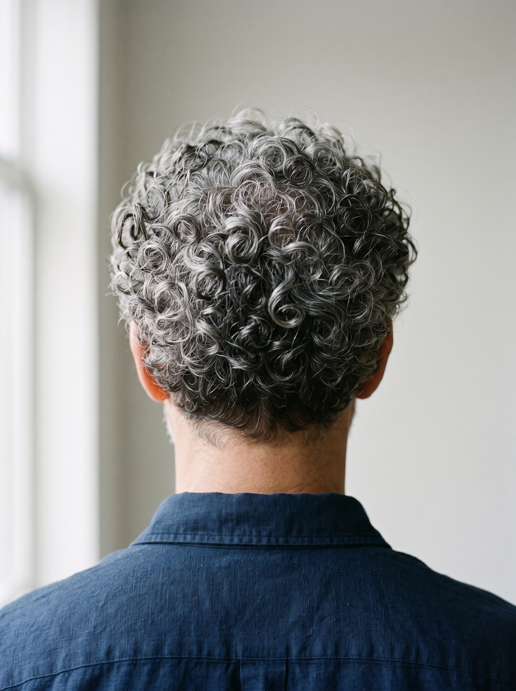 Grau melierte Locken nach dem Schnitt, Nacken frisch ausrasiert