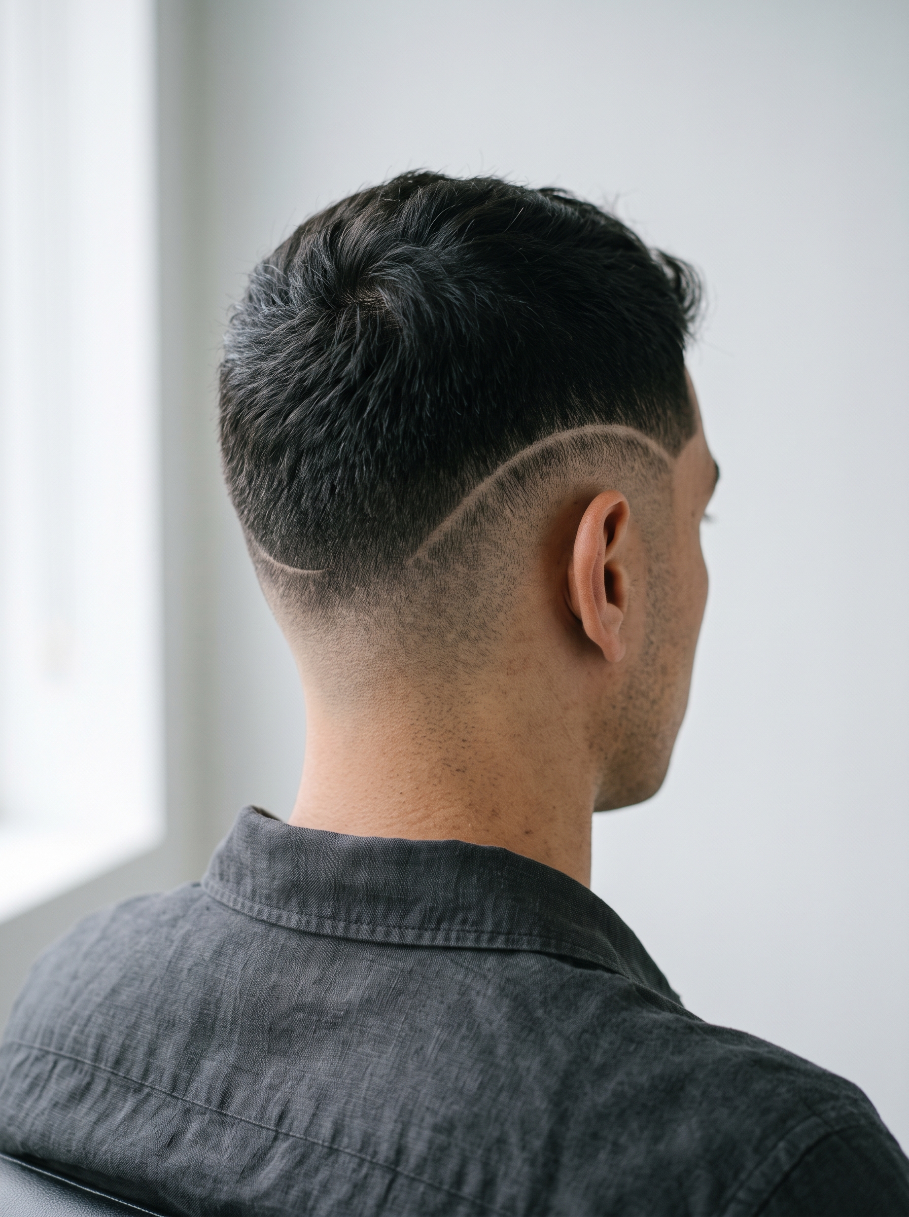 Skin Fade mit freihand rasiertem Linien-Design am Hinterkopf