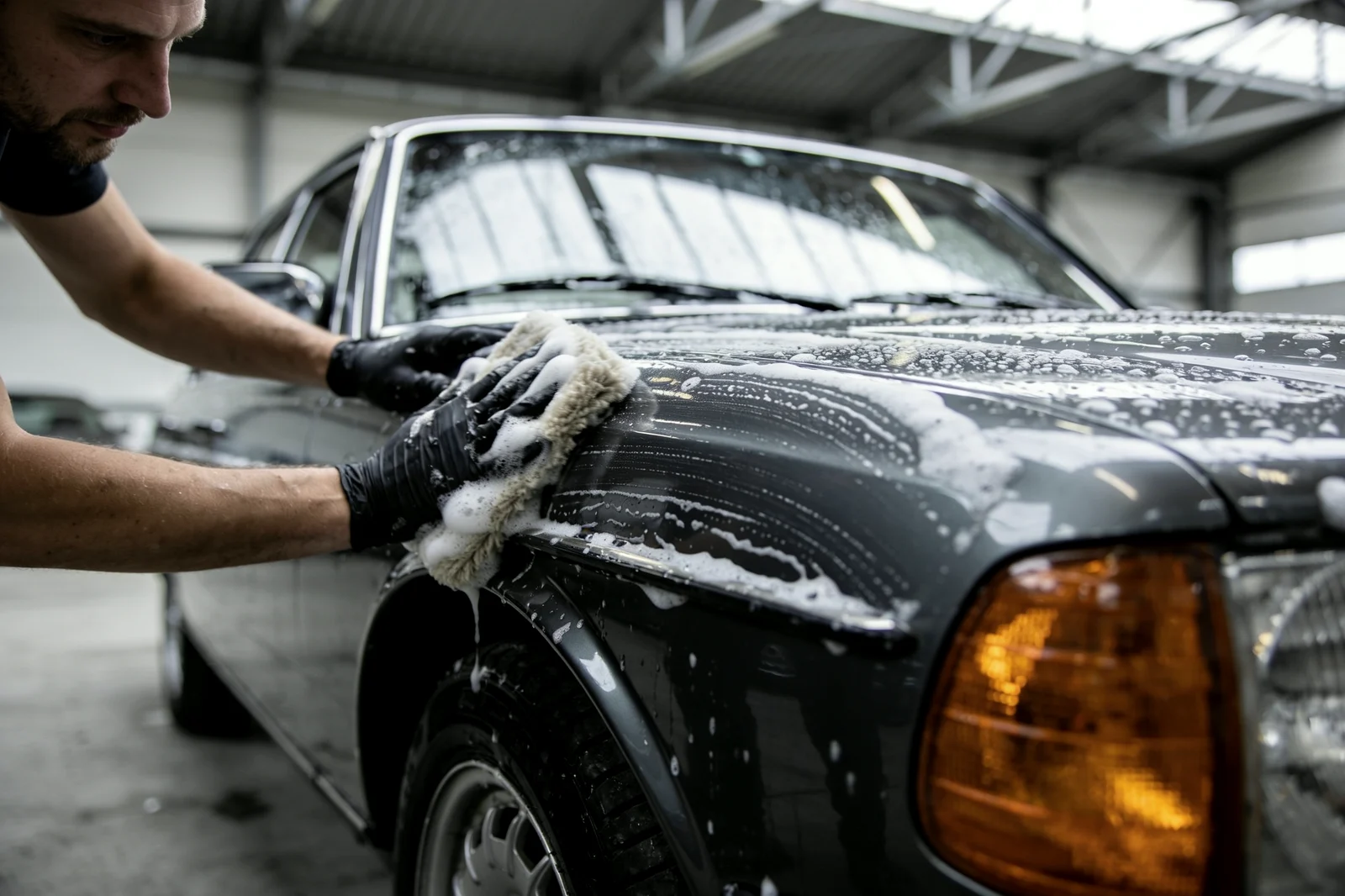 Handwäsche: ein Mitarbeiter schäumt den Kotflügel einer grauen Limousine mit dem Waschhandschuh ein