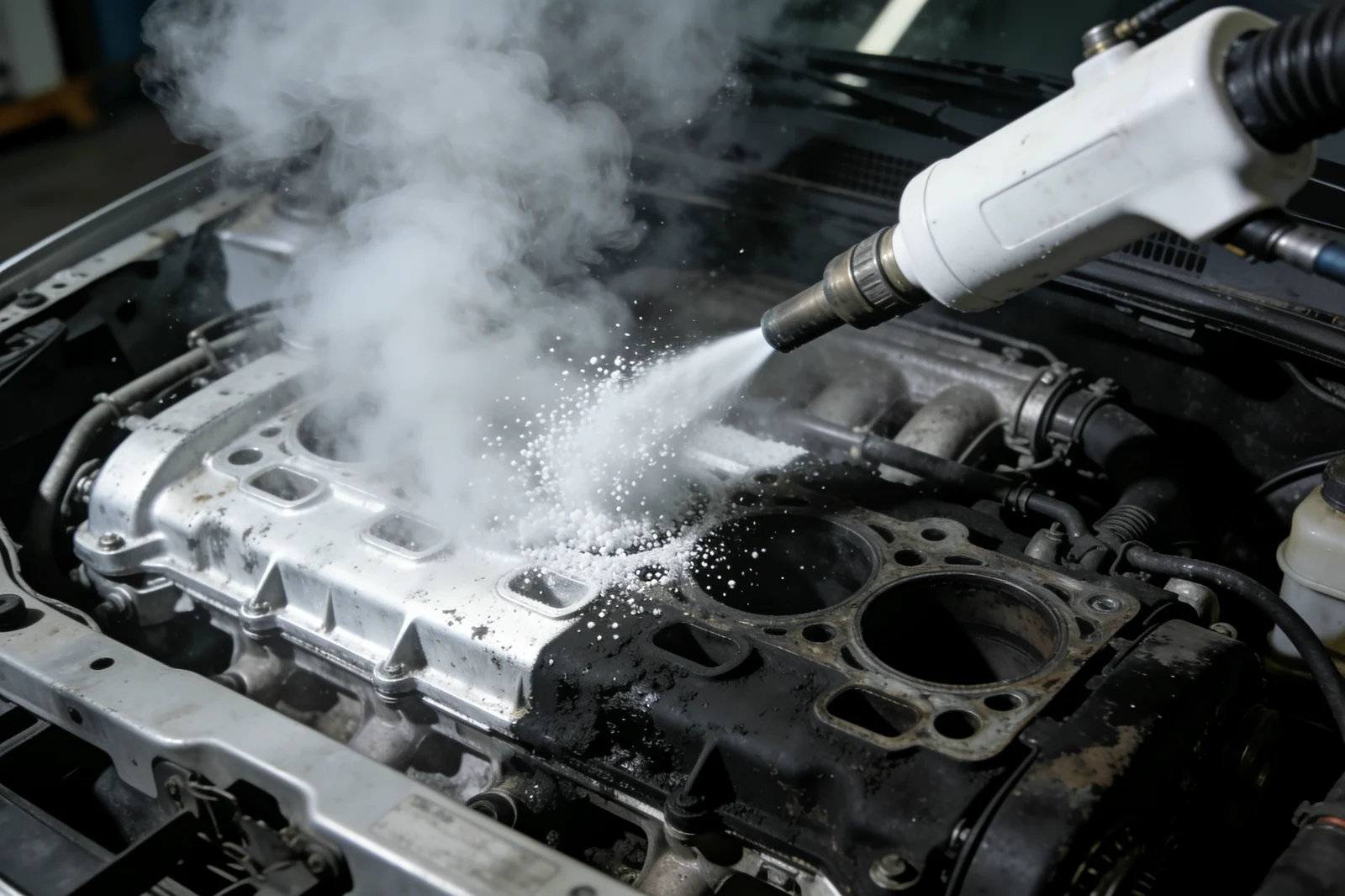 Trockeneisstrahlen im Motorraum, links bereits blankes Metall, rechts noch alter Schmutz