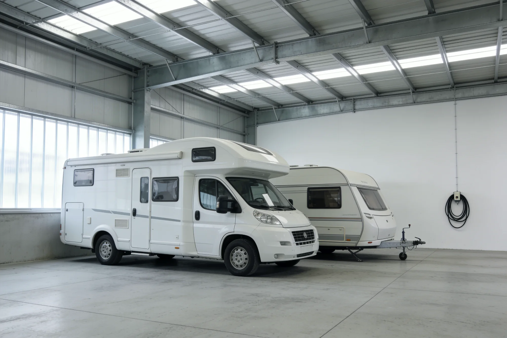 Wohnmobil und Wohnwagen unter Dach in einer sauberen Halle