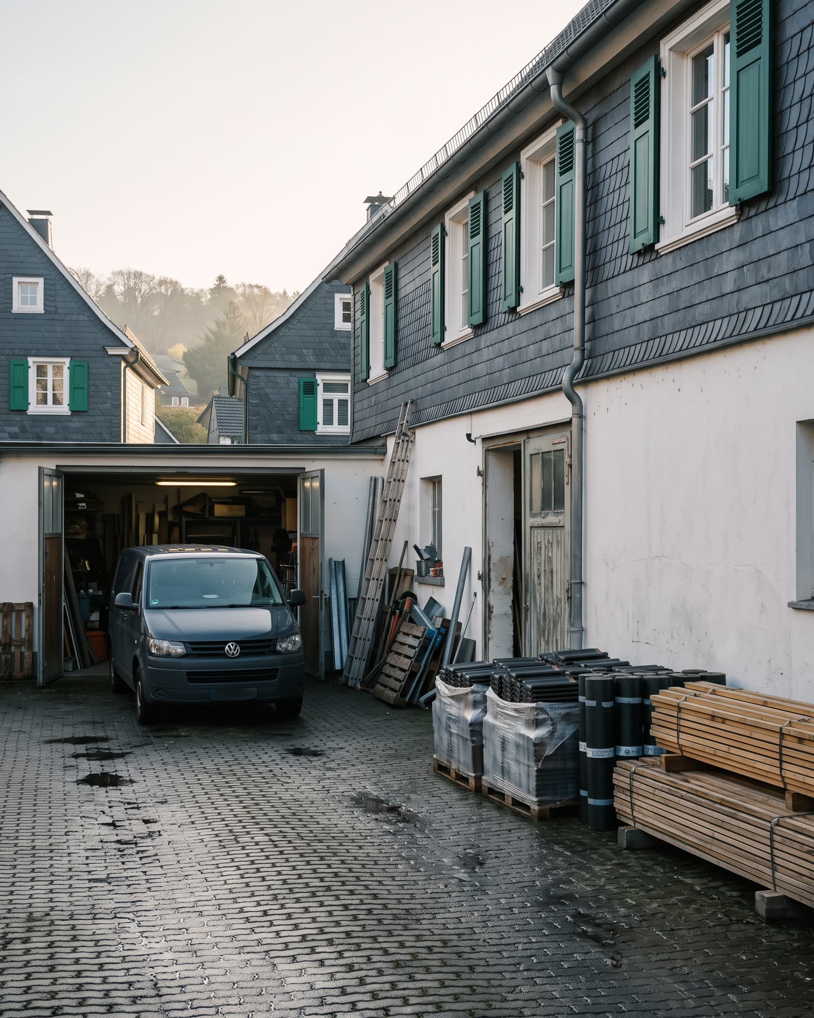 Betriebshof in Nümbrecht mit anthrazitfarbenem Transporter und Paletten voller Dachziegel