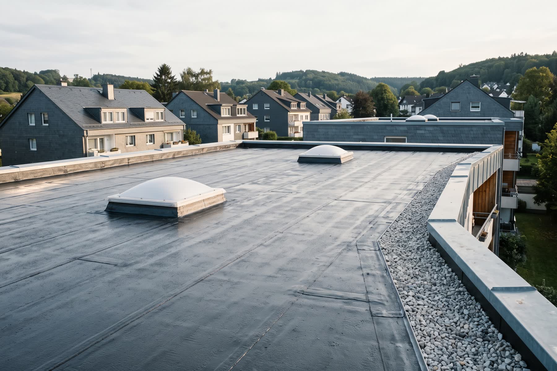 Neu abgedichtetes Flachdach eines Mehrfamilienhauses mit Lichtkuppeln und Kiesrand