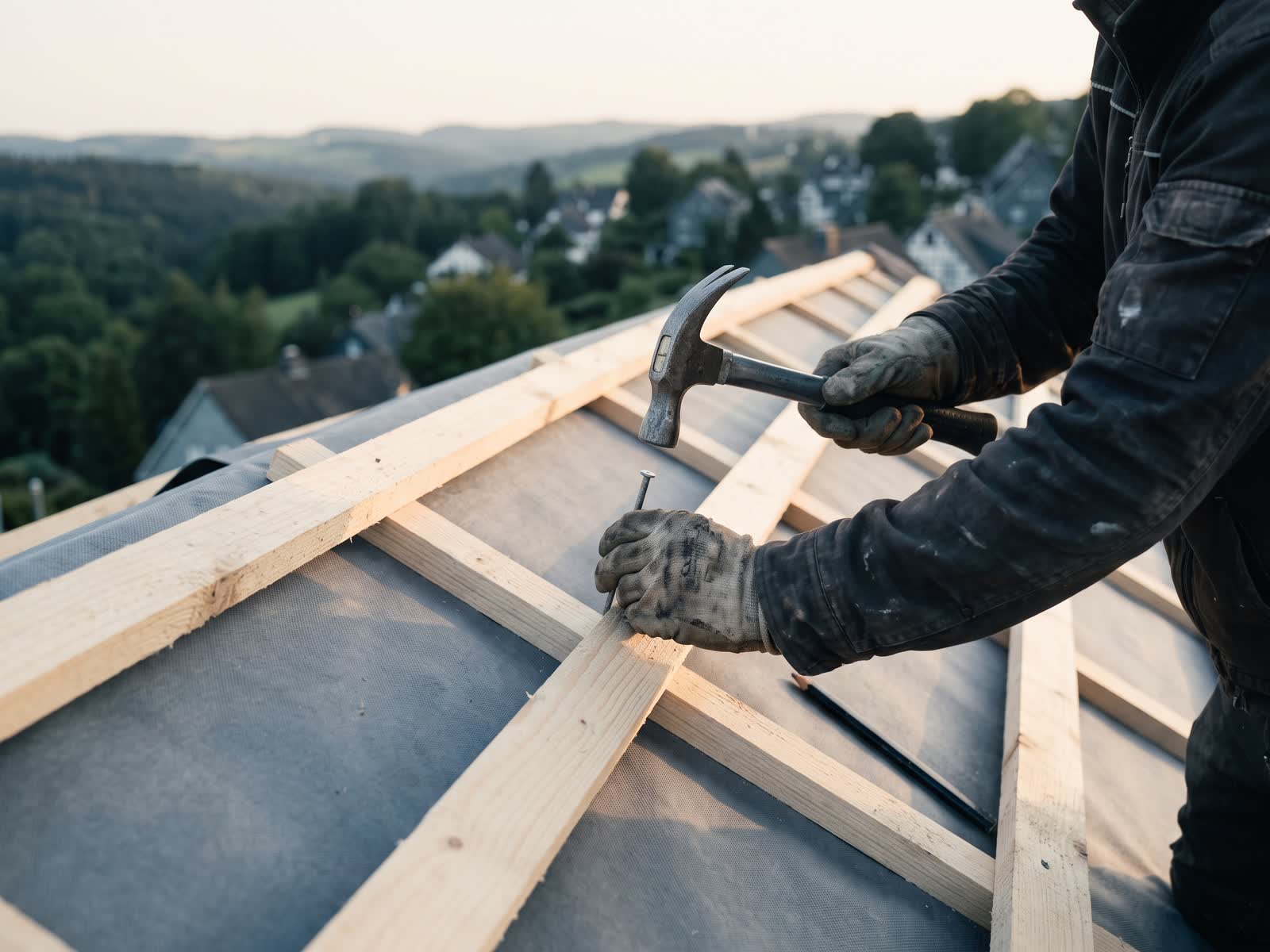 Hände mit Arbeitshandschuhen nageln eine Dachlatte auf die Sparren