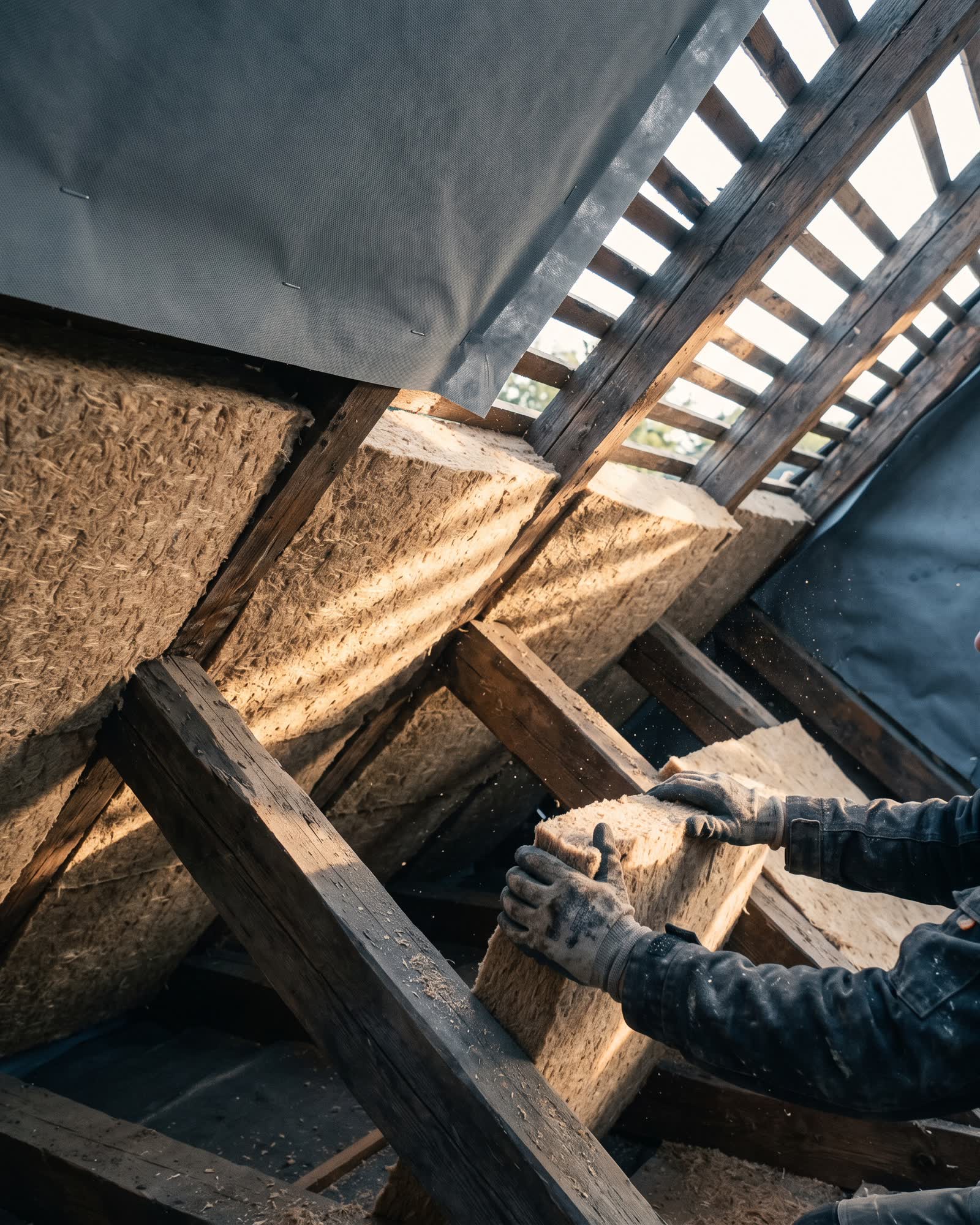 Offener Dachstuhl während einer Sanierung, zwischen den Sparren liegt frische Holzfaserdämmung
