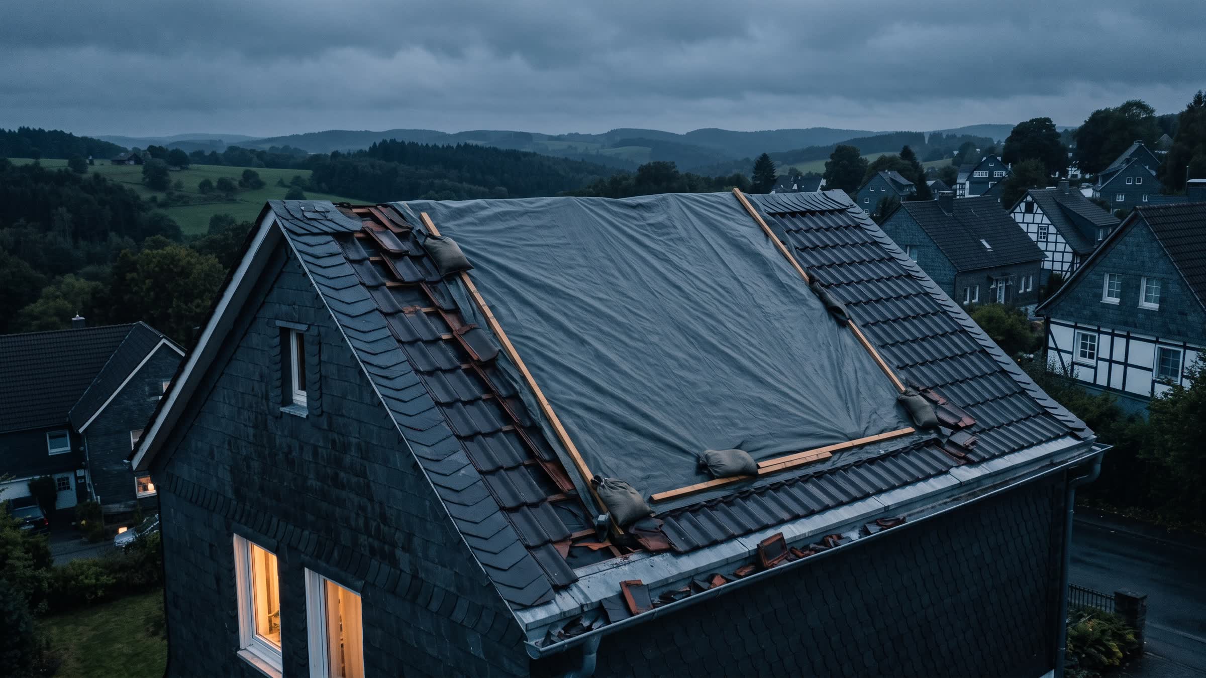Dach nach einem Sturm in der Dämmerung, die offene Stelle ist mit einer Plane und Latten notdürftig gesichert