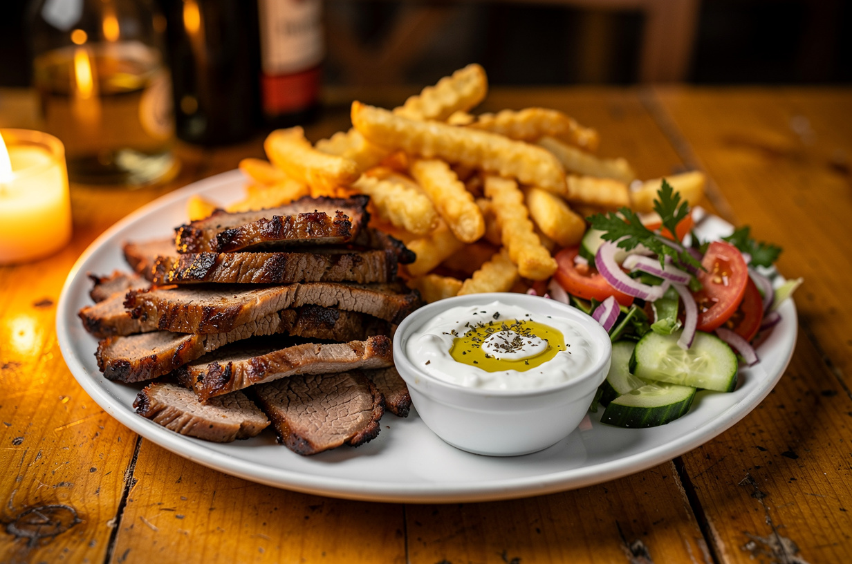 Gyros mit Tzatziki, Pommes und Salat