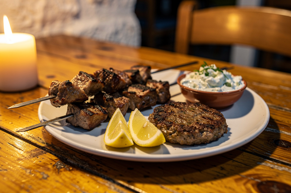Souvlaki-Spieße und Grillfleisch mit Tzatziki