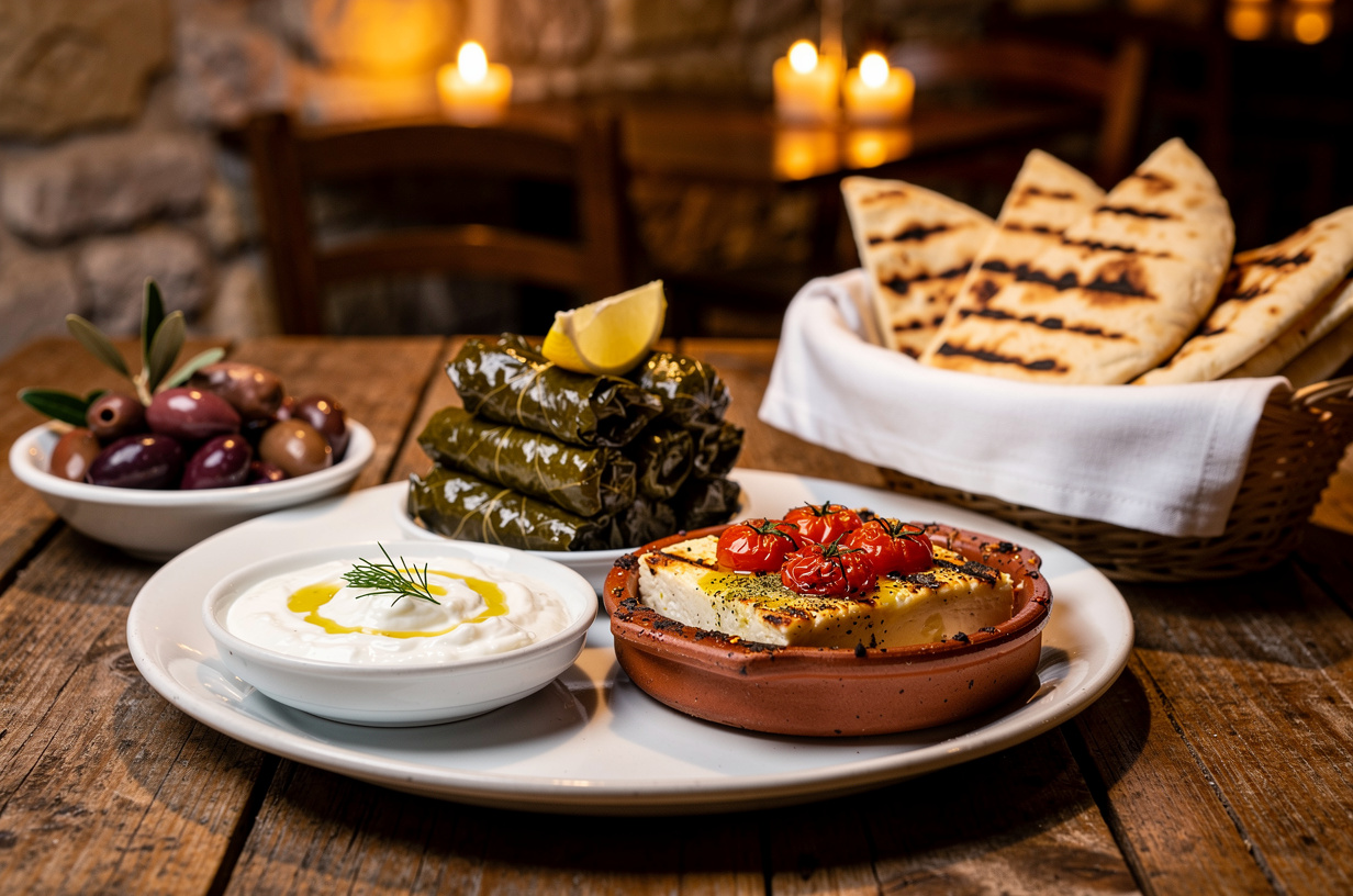 Gemischte griechische Vorspeisenplatte mit Tzatziki, Dolmadakia und Feta