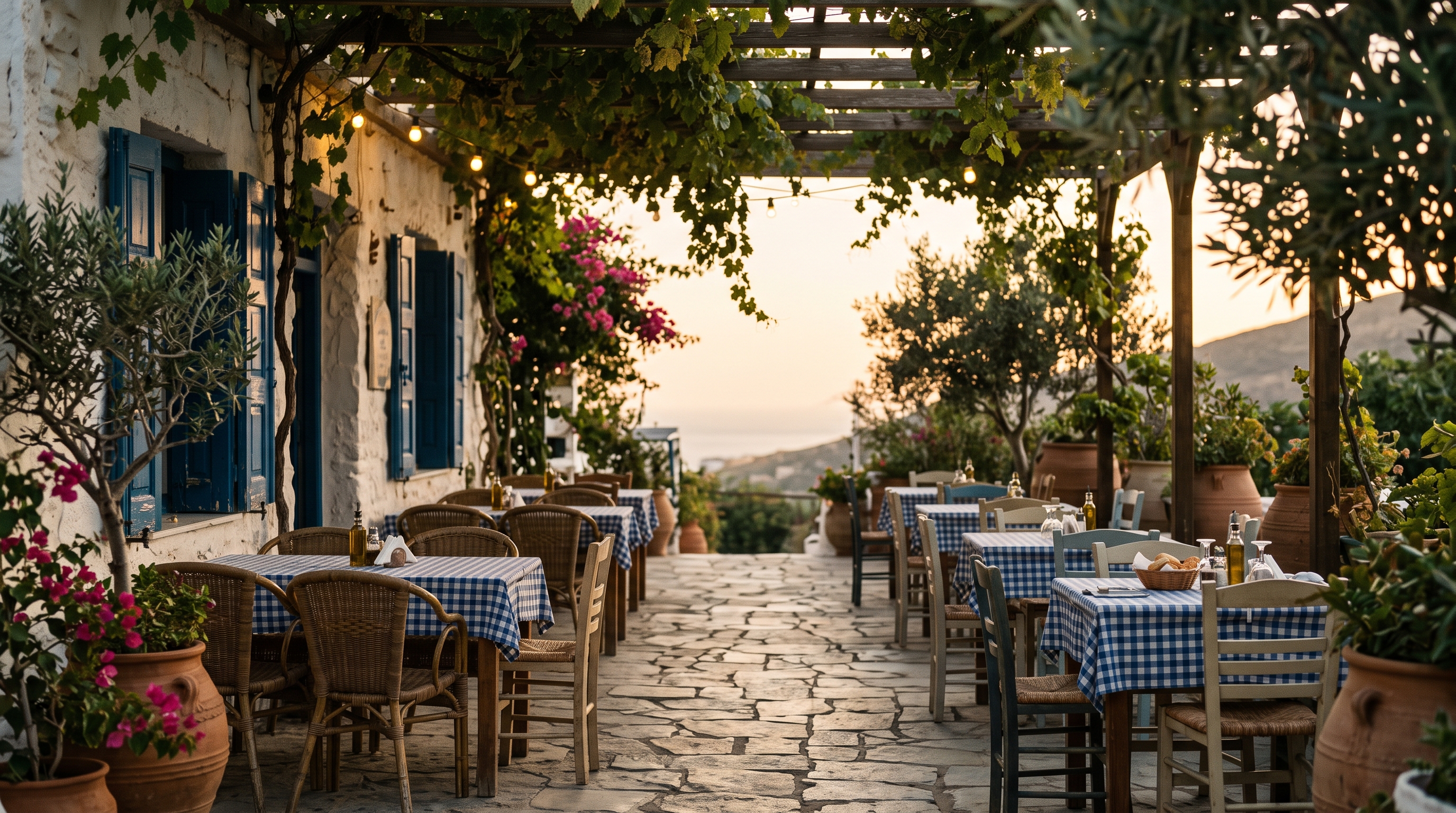 Gedeckte Tische auf der Terrasse der Taverne Meltemi in der Abendsonne