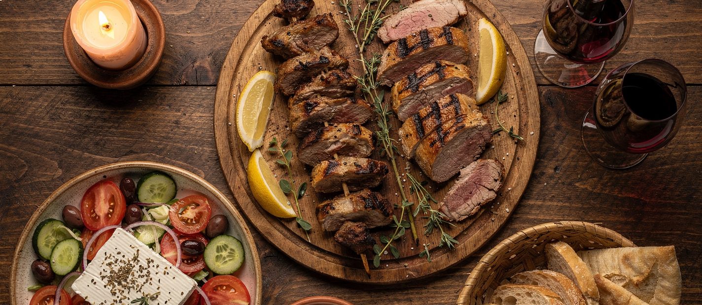 Gedeckter Tisch mit griechischen Gerichten in der Taverne