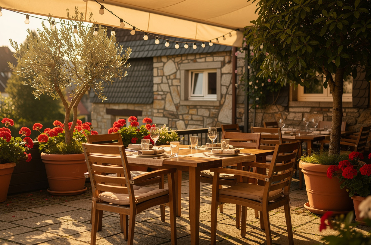 Die Terrasse der Taverne Meltemi mit Schattenplätzen am Abend